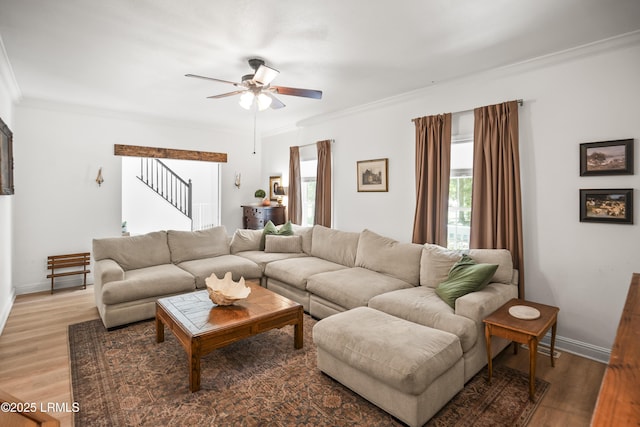 5 Summer Field Ct, Beaufort, SC 29907 - living area with a ceiling fan, light wood-type flooring, ornamental molding, stairs, and baseboards