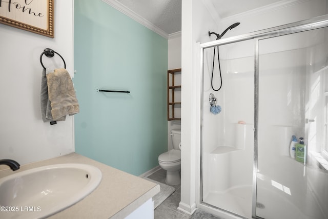 5 Summer Field Ct, Beaufort, SC 29907 - bathroom with a stall shower, crown molding, toilet, vanity, and a textured ceiling