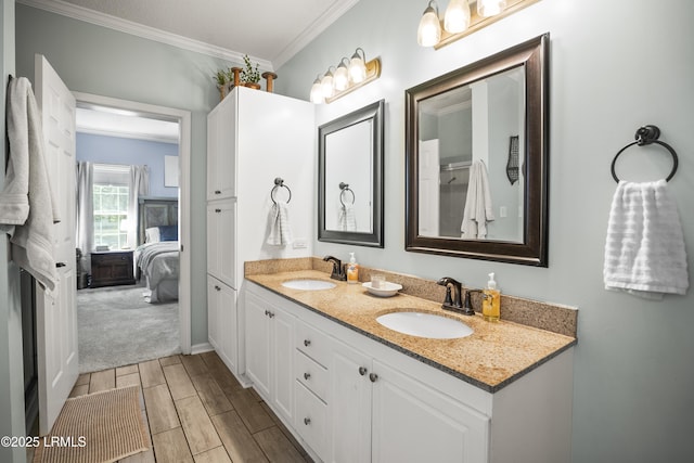 5 Summer Field Ct, Beaufort, SC 29907 - bathroom featuring ensuite bath, crown molding, double vanity, and wood finish floors