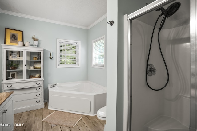 5 Summer Field Ct, Beaufort, SC 29907 - bathroom with ornamental molding, a shower stall, wood finished floors, vanity, and a bath
