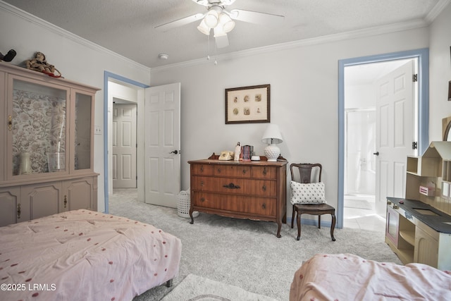 5 Summer Field Ct, Beaufort, SC 29907 - bedroom with ornamental molding, light carpet, connected bathroom, a textured ceiling, and ceiling fan
