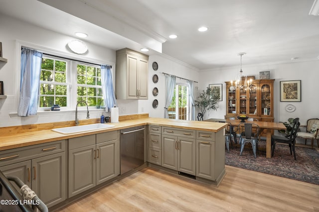 5 Summer Field Ct, Beaufort, SC 29907 - kitchen with butcher block countertops, gray cabinets, stainless steel dishwasher, a sink, and light wood-style floors