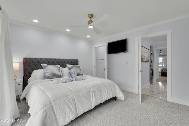 carpeted bedroom with baseboards, stacked washer / dryer, ceiling fan, ornamental molding, and recessed lighting