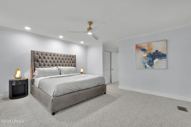 bedroom featuring crown molding, recessed lighting, visible vents, carpet flooring, and baseboards