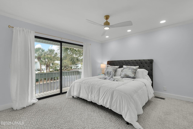 bedroom with carpet floors, access to outside, baseboards, and crown molding