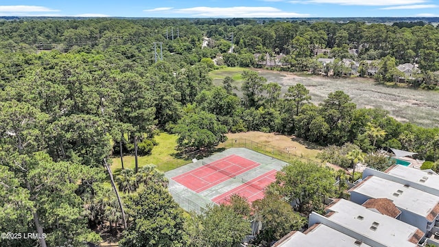 bird's eye view featuring a view of trees