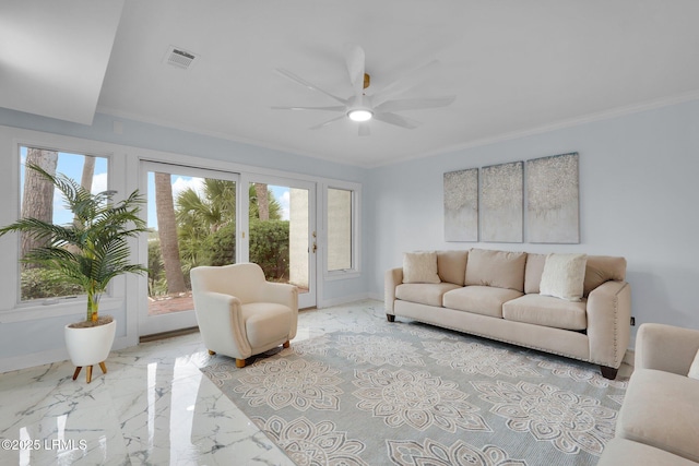 living area with ceiling fan, visible vents, baseboards, marble finish floor, and crown molding