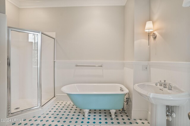 bathroom with crown molding, separate shower and tub, and sink