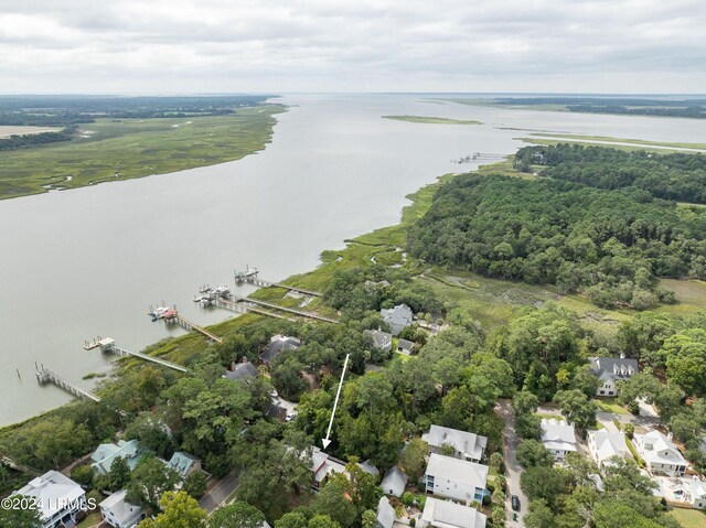 drone / aerial view with a water view