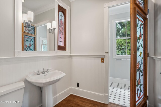 bathroom featuring sink, crown molding, toilet, and hardwood / wood-style flooring