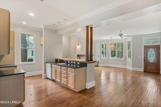 kitchen featuring ornate columns, light hardwood / wood-style flooring, ornamental molding, white dishwasher, and pendant lighting