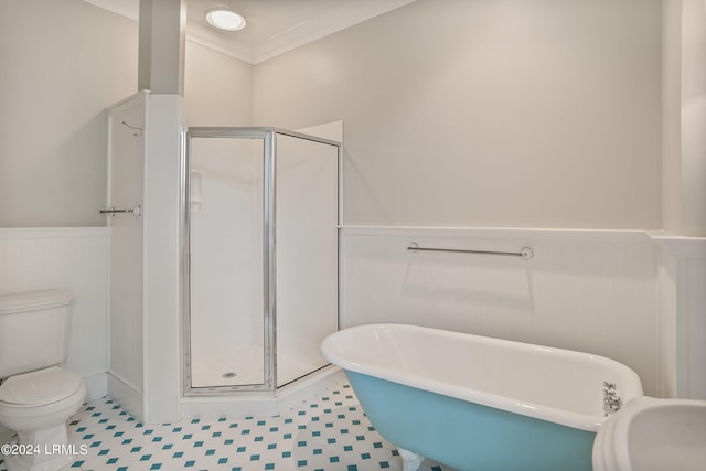 bathroom with plus walk in shower, a bidet, ornamental molding, and toilet