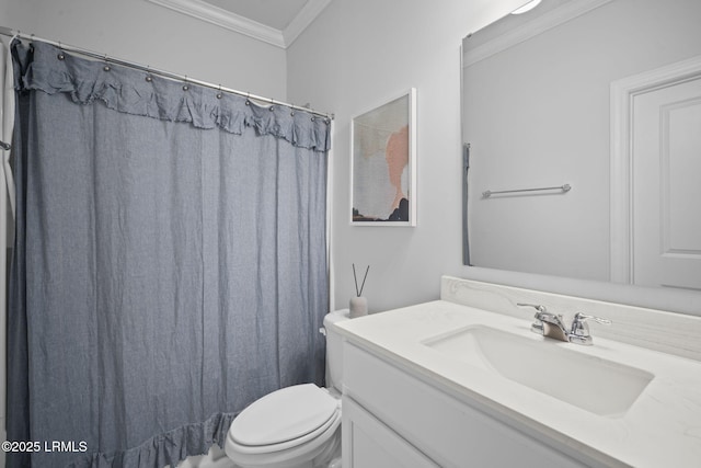 bathroom with toilet, curtained shower, ornamental molding, and vanity