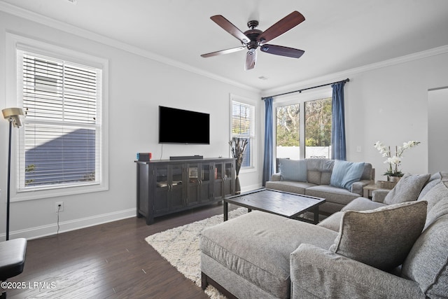 living area featuring dark wood finished floors, crown molding, baseboards, and ceiling fan