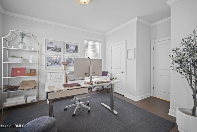 home office with baseboards, dark wood-type flooring, and crown molding