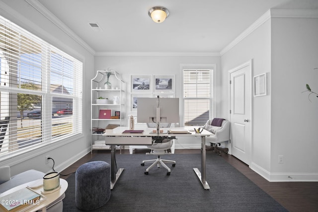 office space with baseboards, visible vents, dark wood-type flooring, and crown molding