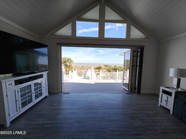 unfurnished living room featuring wooden ceiling, vaulted ceiling, and dark wood finished floors