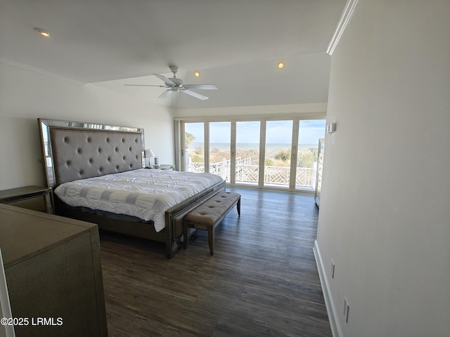 bedroom featuring access to exterior, dark wood finished floors, recessed lighting, ornamental molding, and baseboards