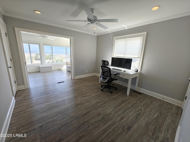 home office featuring baseboards, dark wood-style flooring, crown molding, and recessed lighting