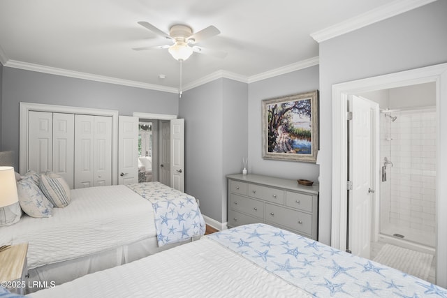 bedroom with ceiling fan, ornamental molding, connected bathroom, and baseboards