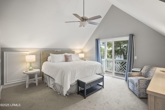 bedroom with carpet floors, a ceiling fan, baseboards, vaulted ceiling, and access to exterior