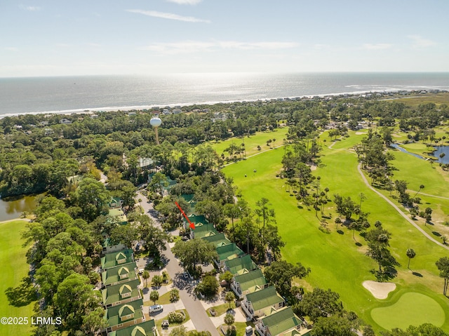 aerial view with a water view and view of golf course