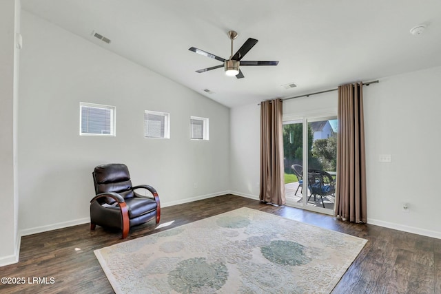 unfurnished room with lofted ceiling, ceiling fan, visible vents, and dark wood-style flooring