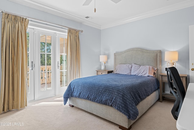 carpeted bedroom with ceiling fan, ornamental molding, and access to outside