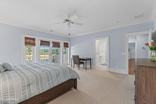 carpeted bedroom featuring access to exterior, ensuite bath, ornamental molding, and ceiling fan