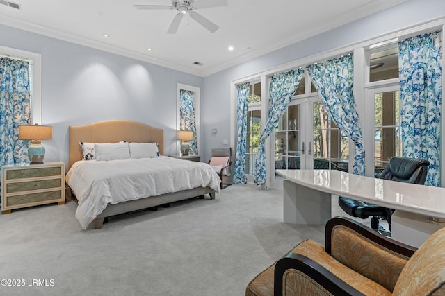 carpeted bedroom featuring ornamental molding, french doors, and ceiling fan