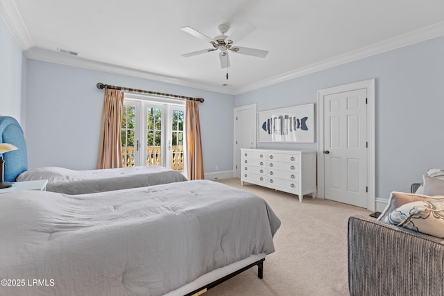 carpeted bedroom featuring crown molding, access to outside, and ceiling fan