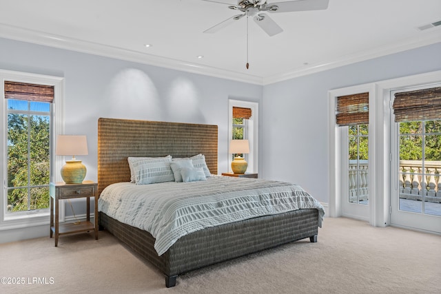 bedroom with light carpet, access to exterior, ornamental molding, and ceiling fan