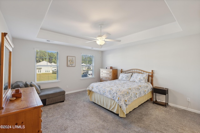 carpeted bedroom featuring a raised ceiling and ceiling fan