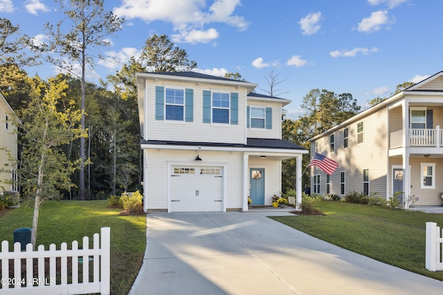 view of front facade with a garage and a front lawn