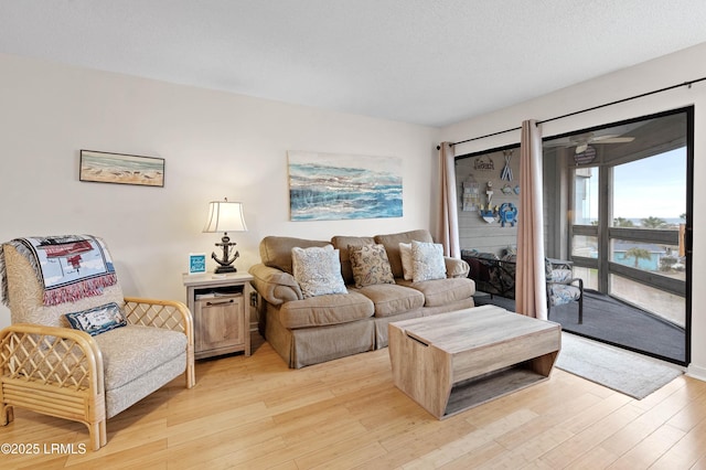 living area with light wood finished floors and a textured ceiling