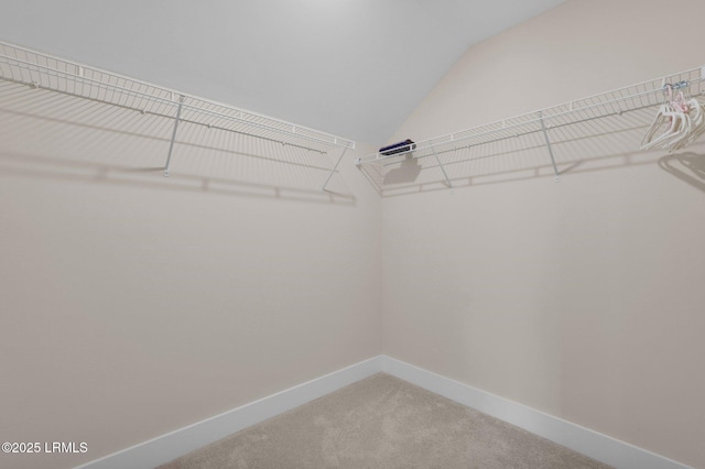 walk in closet featuring light carpet and vaulted ceiling