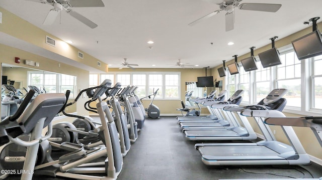 gym with ceiling fan, recessed lighting, visible vents, and baseboards