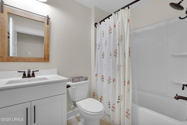 bathroom with tile patterned flooring, shower / bath combo with shower curtain, toilet, vanity, and baseboards