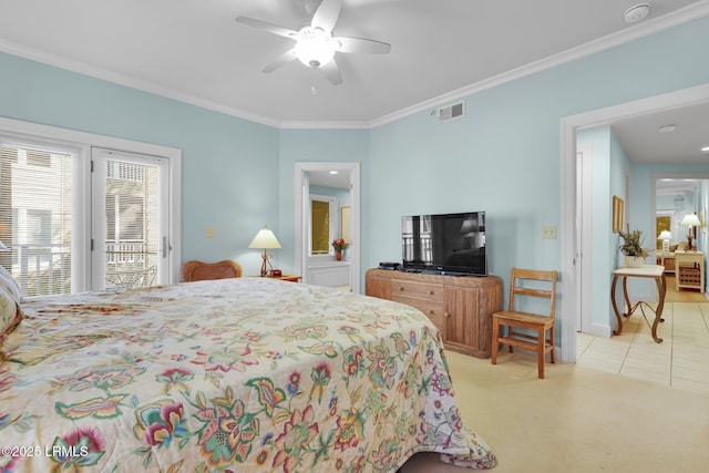 bedroom with crown molding, ceiling fan, access to exterior, and light carpet