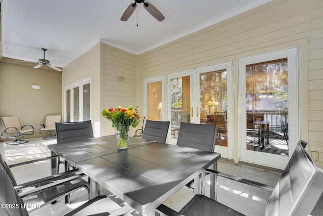 sunroom with french doors and ceiling fan