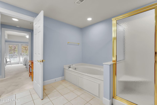 bathroom with tile patterned flooring and plus walk in shower