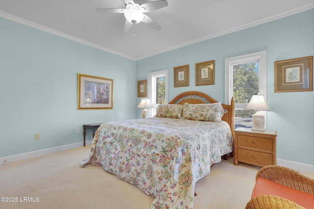 bedroom with light carpet, multiple windows, ornamental molding, and ceiling fan