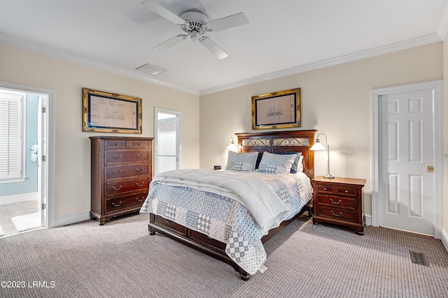 bedroom featuring light carpet, visible vents, ornamental molding, and baseboards