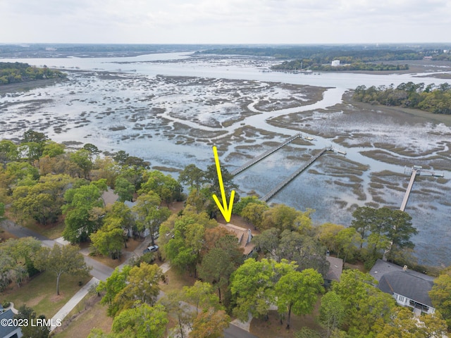 drone / aerial view with a water view