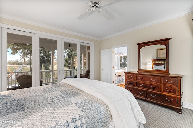 bedroom featuring ornamental molding, multiple windows, carpet, and access to exterior