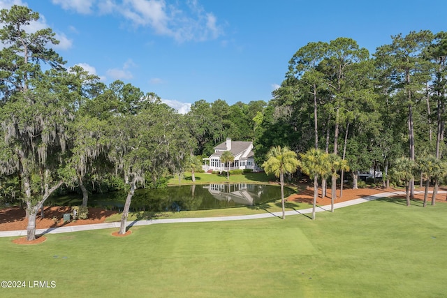 view of property's community with a water view and a lawn