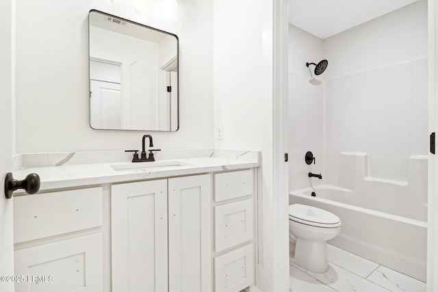 full bathroom with vanity, bathtub / shower combination, and toilet