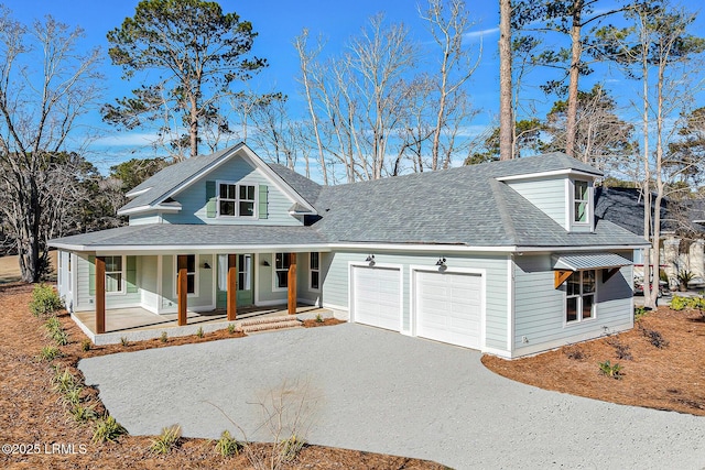 view of front facade featuring a porch and a garage