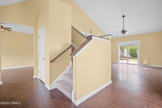 6 Broadland Cir, Bluffton, SC 29910 - stairs featuring ceiling fan, wood finished floors, high vaulted ceiling, and baseboards