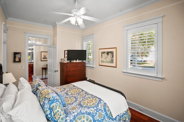 120 Coosaw Club Dr, Beaufort, SC 29907 - bedroom featuring ornamental molding, multiple windows, baseboards, dark wood-style floors, and ceiling fan